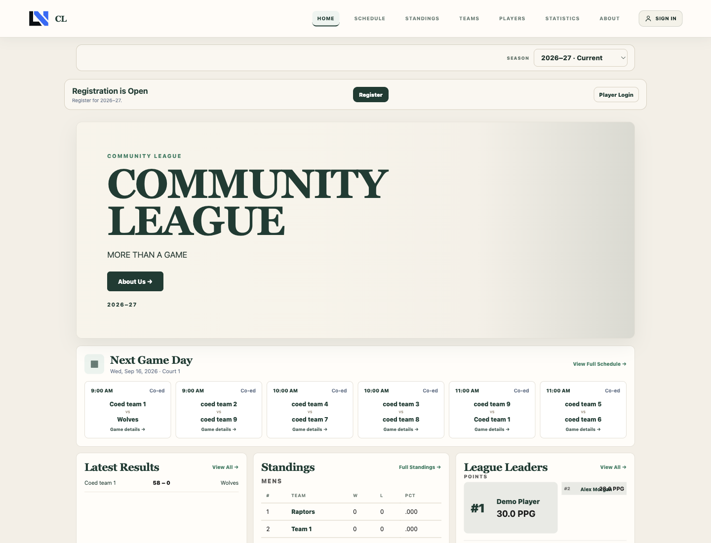 LeagueNexa public league website